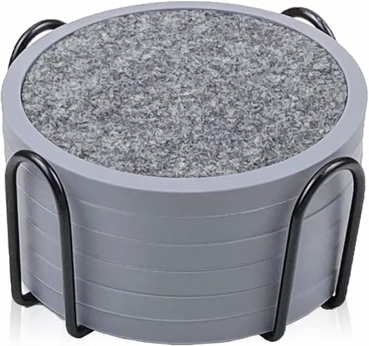 Absorbent Coasters for Drinks with Holder - 6packs, Silicone Coaster with Soft Felt Insert (4.3 inch Coasters with 4.5 inch Holder, t, Black and Gray)