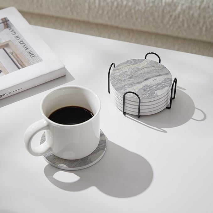 Set of 6 Light Gray Abstract Onyx Marble Coasters with Holder, Absorbent Ceramic Drink Coasters for Table Protection, Coffee Table Decor