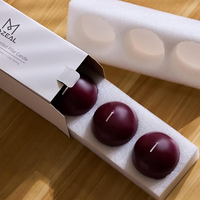 MOZEAL Hand-Poured, 3 Inch Burgundy Round Ball Candles - Elegant Burgundy Round Pillar Candles Set of 3, Dripless, Unscented, Smokeless, Ideal for Intimate Gatherings.