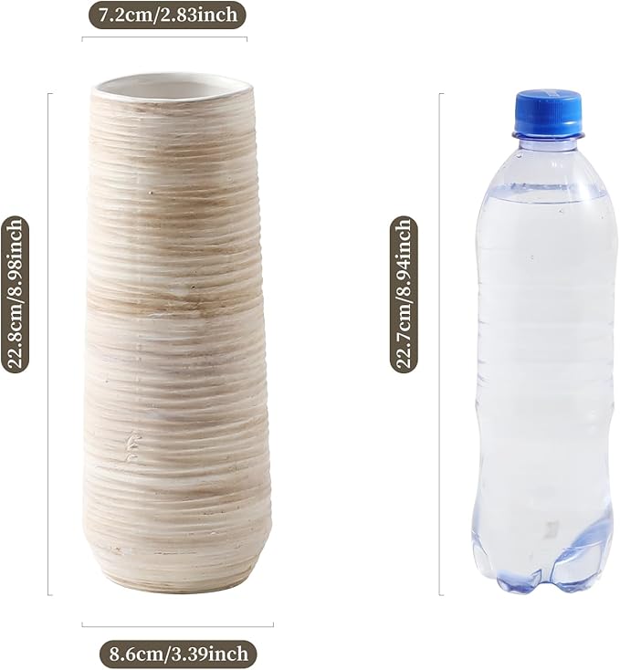 ALMA 9 Inch White Ceramic Vase for Dried Flower Bouquet, Small Cream Pampas Grass Vase for Home Decor, Beige Rustic Vase for Tabletop Centerpieces, Bookshelf, Mantle, Living Room