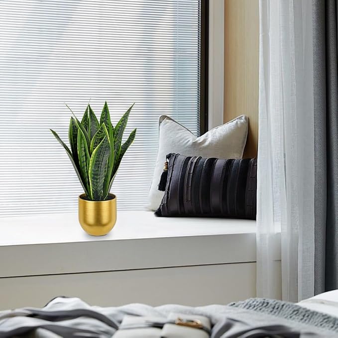 Briful Fake Plants 17" Artificial Snake Plant Faux Plants in Gold Pot Tropical Sansevieria Silk Plant Fake Potted Plants Indoor for Home Living Room Bathroom Office Housewarming Gift Decor