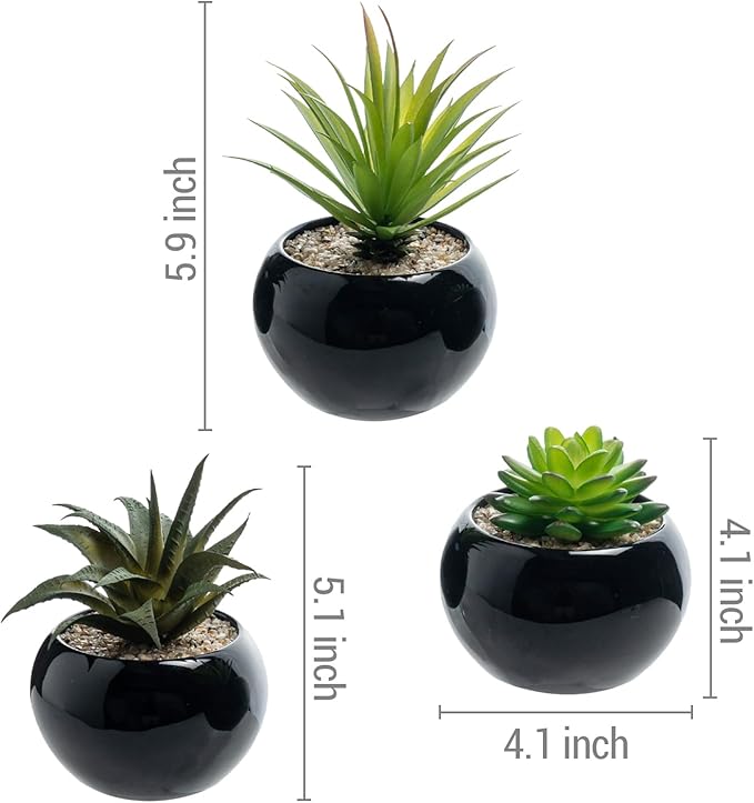 MyGift Mini Assorted Artificial Succulents in Round Black Ceramic Pots, Mixed Realistic Indoor House Plants, Set of 3