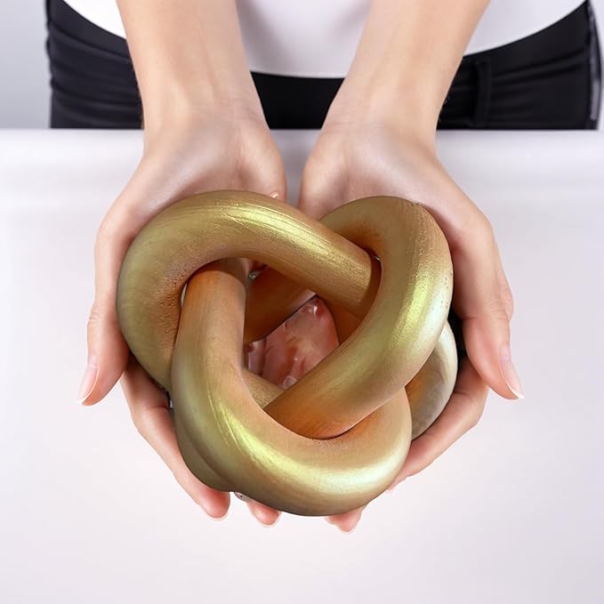 Wood Knot Decor -Coffee Table Decor Shelf Decor Table Books Hand Carved Home Decoration Boho Country Rustic Modern Shabby Chic Style 3 Link Wooden Knot Chain Link Decor (Gold)