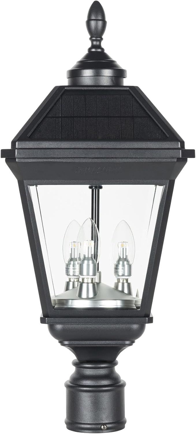 Gama Sonic Imperial Solar Post Light, Black Aluminum and Glass, Triple Candelabra Bulb with 3-inch Fitter for Lamp Poles, Warm White 2700K, 37BC50012
