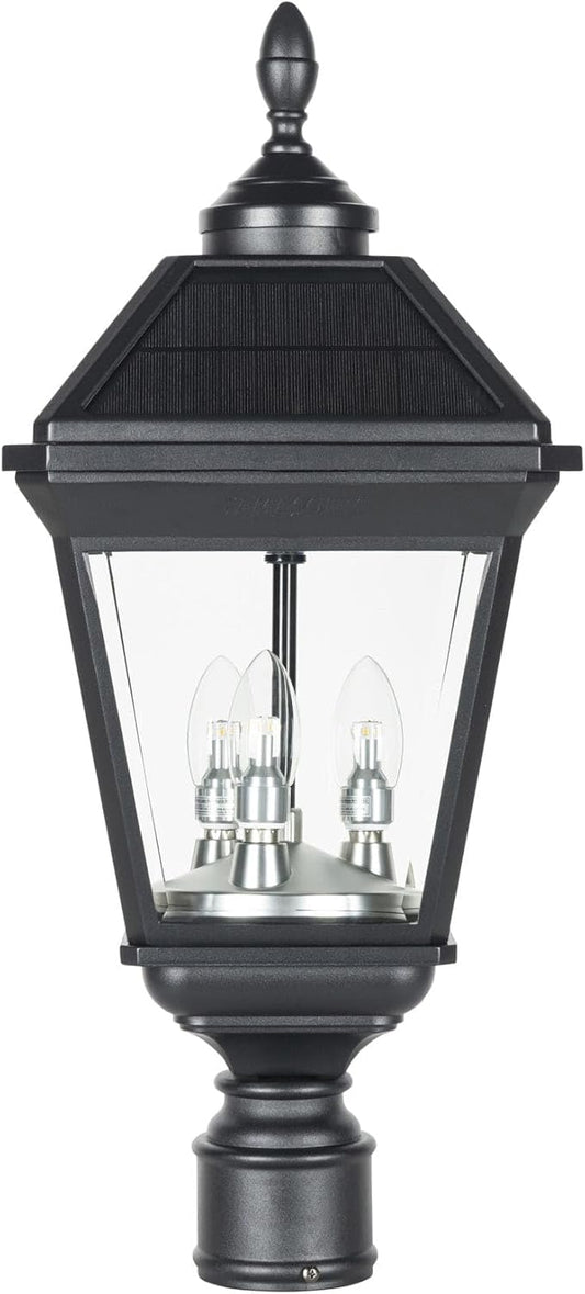 Gama Sonic Imperial Solar Post Light, Black Aluminum and Glass, Triple Candelabra Bulb with 3-inch Fitter for Lamp Poles, Warm White 2700K, 37BC50012