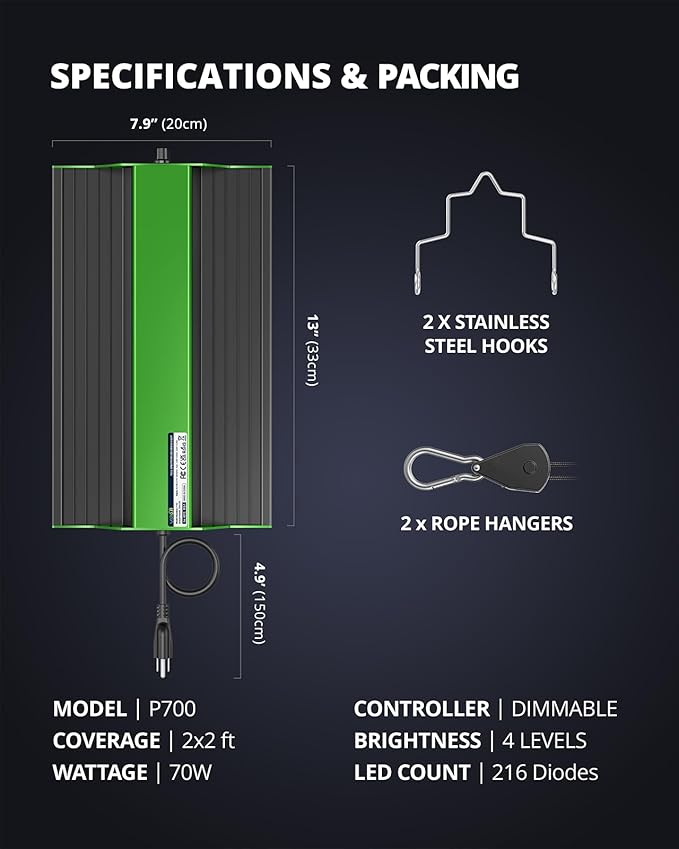 VIPARSPECTRA P700 Grow Light, 70 Watt Dimmable Full Spectrum Plant Light, LED Grow Lights for Indoor Plants Seed Starting Seedlings Vegetable,11000 Lumens Small Hanging Growing Lamp for 2x2 Grow Tent