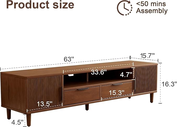Mid Century Modern TV Stand for TVs Up to 65 in- Wooden Fluted Entertainment Center Low Profile TV Console with Cabinet, Drawers and Shelf, Media Console for Living Room