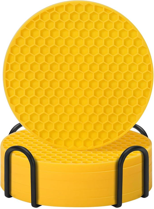 Coasters Set of 6 with Holder,Coasters for Drinks,Coffee Table Decor Coaster,Suitable for Kinds Cups,Anti-Slip,Non-Stick,Silicone Cup Coaster and Living Room Decor (6 Pcs, Yellow)