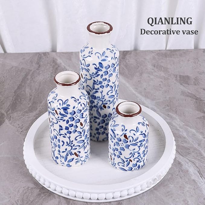 Chinoiserie Decor Ceramic Vases Set - 3 Blue and White Vase, Chinoiserie Vase Farmhouse Country, Flower Vases Home Decor, Living Room Decoration, Entrance, Fireplace, Table Decoration, Centerpieces
