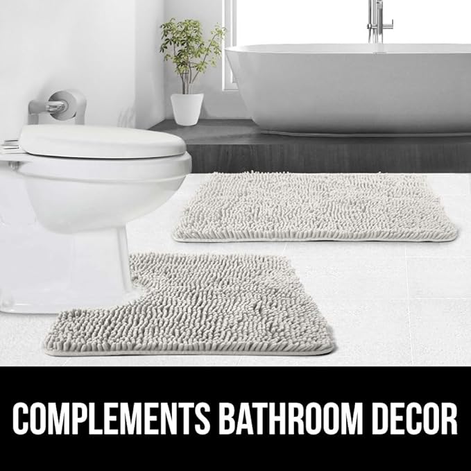 GORILLA GRIP Plush Absorbent Shaggy Chenille Bath Rug Mat for Square Toilet Base with Rubber Backing, Machine Washable Rugs, Soft Microfiber Contour Mats for Toilets, Bathroom Decor, Ivory