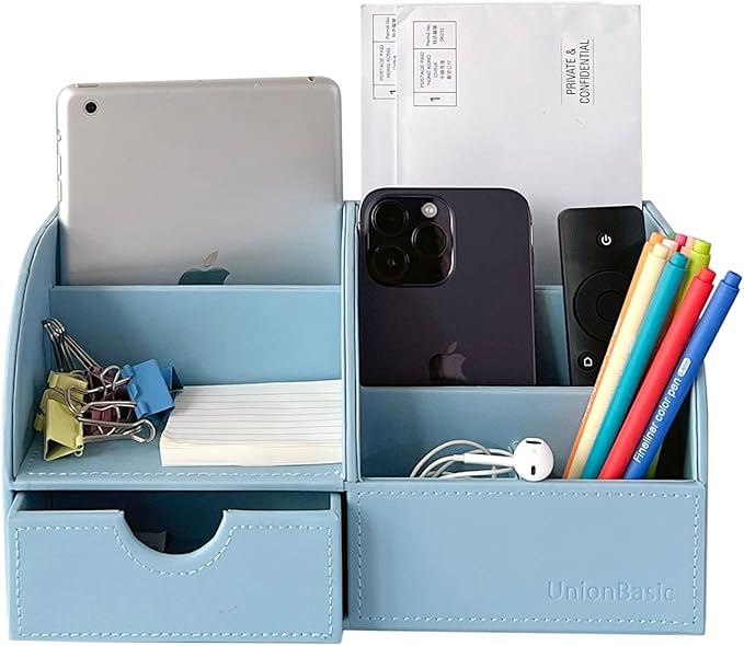 UnionBasic Desk Organizer - Multifunctional Leather Desktop Pen Holder Storage Box - Business Card/Pen/Pencil/Mobile Phone/Stationery Holder, Blue