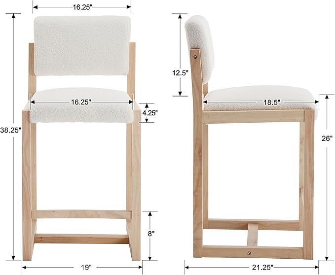 Mid-Century Bar Stools Set of 2, 26 Inch Modern Counter stools Sherpa Fabric Bar Chairs with Backrest Wooden Frame for Kitchen Island Dining Room, White