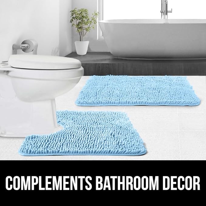 GORILLA GRIP Plush Absorbent Shaggy Chenille Bath Rug Mat for Oval Toilet Base with Rubber Backing, Machine Washable Rugs, Soft Microfiber Contour Mats for Toilets, Bathroom Decor, Sky