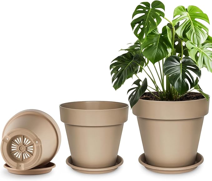 3-Pack 8/9/10 Inch Plastic Plant Pots with Saucers – Durable BPA-Free Planters with 21 Drainage Holes, Bottom Watering Design for Indoor & Outdoor Use, Succulents, Herbs, Flowers – Khaki