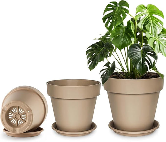 3-Pack 8/9/10 Inch Plastic Plant Pots with Saucers – Durable BPA-Free Planters with 21 Drainage Holes, Bottom Watering Design for Indoor & Outdoor Use, Succulents, Herbs, Flowers – Khaki