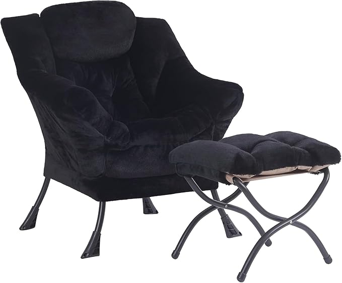 Plush Lazy Chair and Ottoman, Large Contemporary Accent Lounge Chair with Armrests and a Side Pocket, Modern Leisure Upholstered Sofa Reading Armchair with Footrest for Bedroom, Living Room