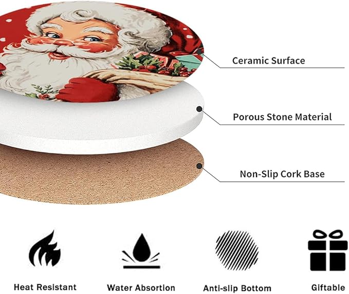 Christmas Absorbent Coasters with Holder Set of 6, Ceramic Stone with Cork Base, Cute Santa Claus Coaster for Drinks, Gift for Housewarming Room Bar Home Decor Kitchen