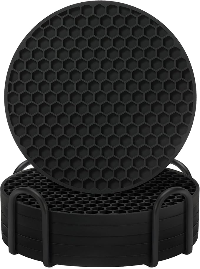 Coasters Set of 6 with Holder,Coasters for Drinks,Coffee Table Decor Coaster,Suitable for Kinds Cups,Anti-Slip,Non-Stick,Silicone Cup Coaster and Living Room Decor (6 Pcs, Black)