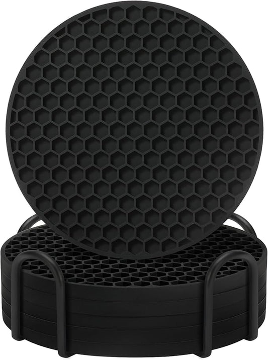 Coasters Set of 6 with Holder,Coasters for Drinks,Coffee Table Decor Coaster,Suitable for Kinds Cups,Anti-Slip,Non-Stick,Silicone Cup Coaster and Living Room Decor (6 Pcs, Black)