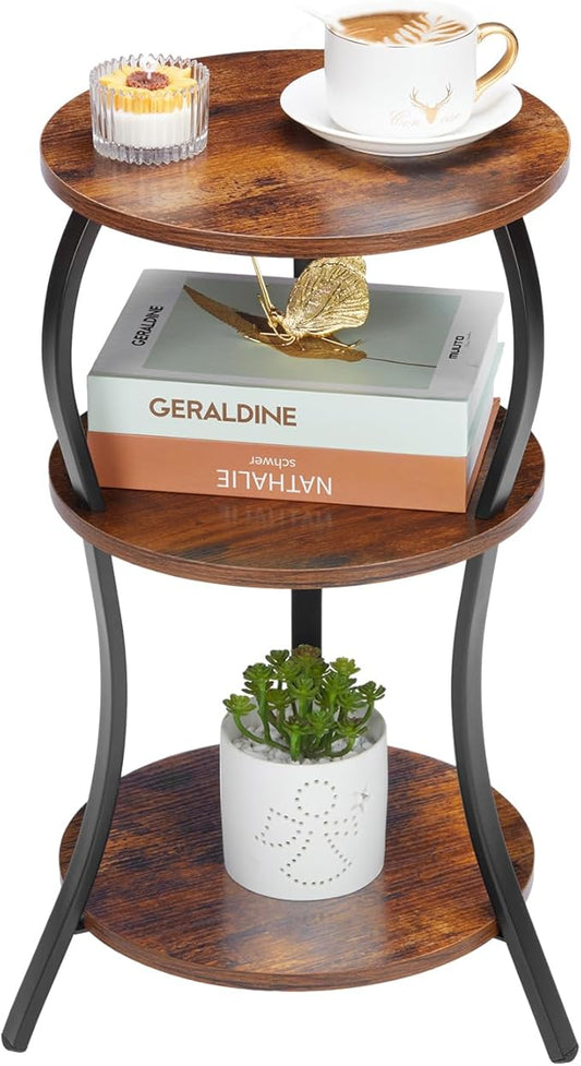 Vintage Small Round Side Table, 3-Tier Slim Waist Circular End Table with Storage Shelf, Compact Tea Sofa Table, Round Corner Coffee Table Nightstand for Living Room Bedroom Small Spaces,Rustic Brown