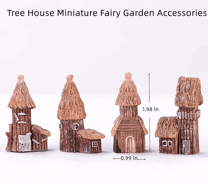 LONCESS Tree House Miniature Fairy Garden Accessories, Mini Vintage House Fairy Garden Decor, House Ornaments Kit Fairy Garden Supplies for DIY, Accessories, Home Micro Landscape Decoration, 4 Pieces