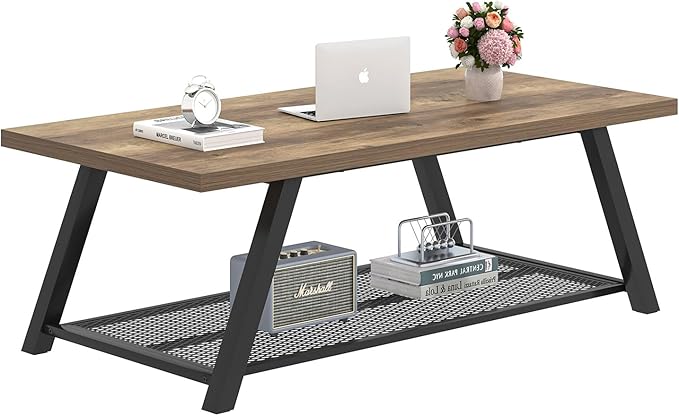 FOLUBAN Coffee Table, Modern Rustic Wood and Metal Center Table with Storage, Industrial Cocktail Tea Table for Living Room, Oak, 47 Inch