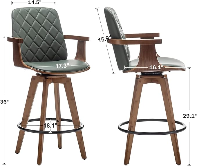 Bar Stools Set of 2, Upholstered Faux Leather Counter Height Bar Stools, Swivel Barstools with Wooden Arms and Legs (Green, 30" Seat Height)