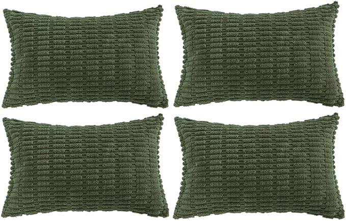 Fancy Homi 4 Packs Boho Olive Green Decorative Throw Pillow Covers 12x20 Inch for Couch Bed Sofa, Rustic Modern Farmhouse Home Decor, Soft Plush Corduroy Cute Square Cushion Case 30x50 cm