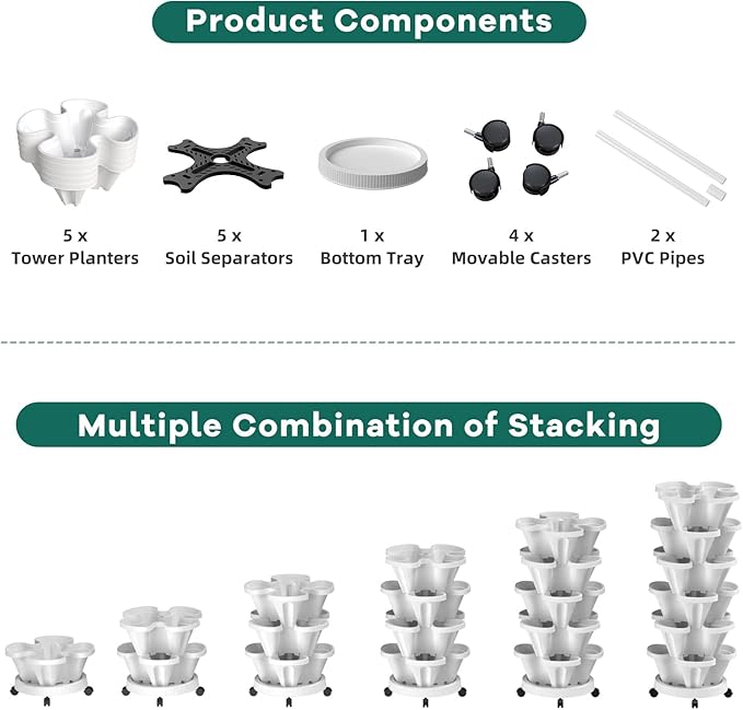 Strawberry Vertical Planter, 5 Tiered Stacking Garden Tower, Stackable Herb Vegetable Planters with Support Pole Indoor and Outdoor - Black