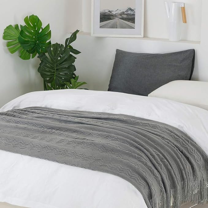 BOURINA Throw Blanket Textured Solid Soft Sofa Throw Couch Cover Knitted Decorative Blanket, 60 inch x 80 inch Dark Grey