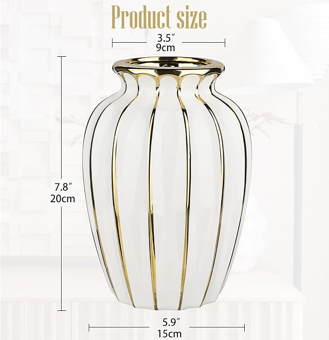 White & Gold Ceramic Flower Vase - 7.8" Modern Vertical Stripe Pottery Wave Vase | Ribbed Textured Flower Vase for Home Decor Bedroom Office Living Room Bathroom Table Centerpiece