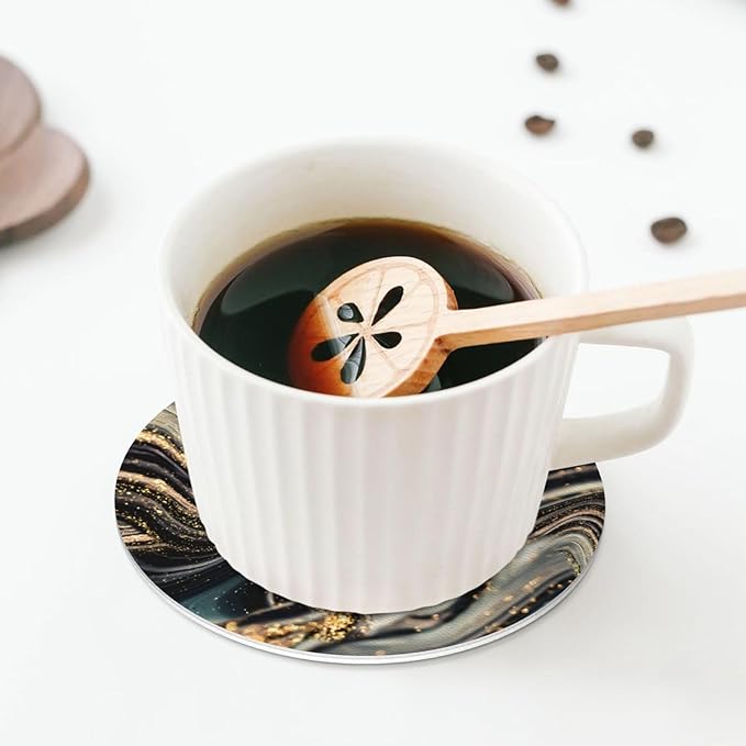 Black Gold Marble Style Coasters Set of 6 Coasters for Drinks Absorbent Double-Sided Leather PVC Coaster for Tabletop Protection Coffee Table Decor Ideal for Home Decor House Warming Gifts