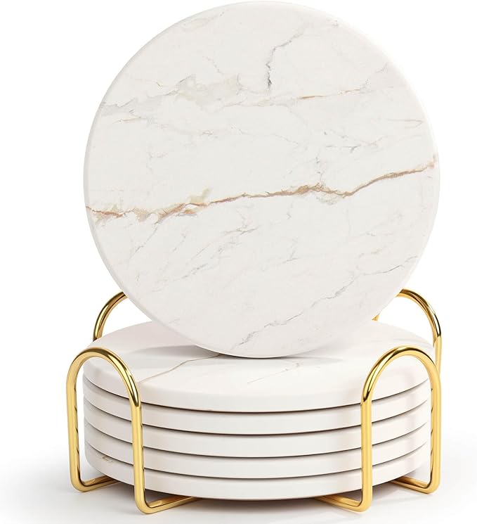 Acejoz Drink Coasters with Holder for Coffee Table, Absorbent Coasters Set of 6, Marble Style Ceramic Coaster for Wooden Table, Suitable for Kinds of Cups, Home Decor, 4 Inches(White)