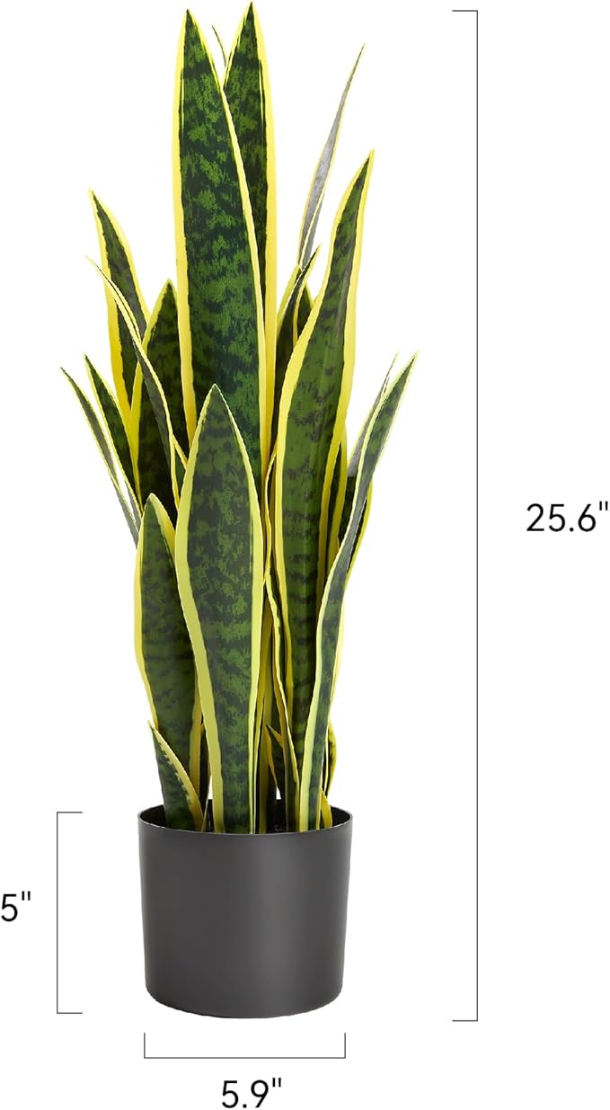 KOL 25.6’’ 2-Pack Artificial Snake Plant, Mother in Law Tongue Plants, 2ft Fake Sansevieria Indoor, 32 Realistic Leaves in Pot, Home Office Hotel Garden Corner Decor, Yellow