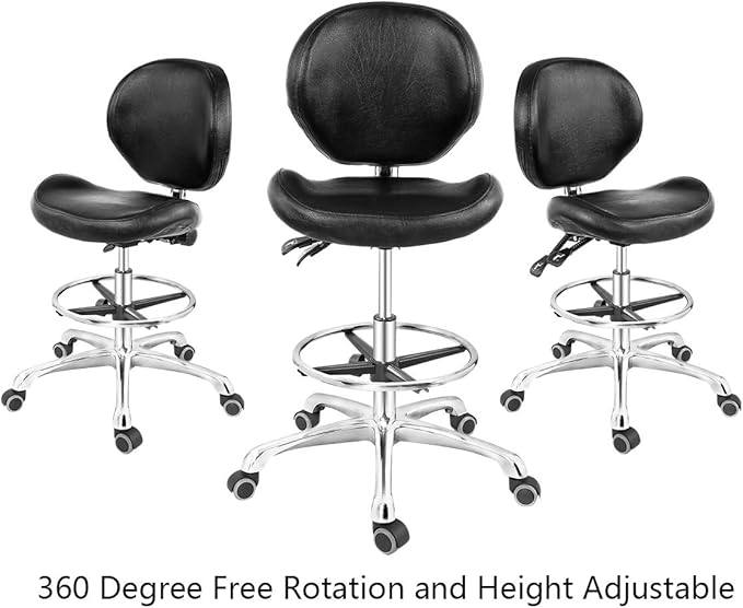 Drafting Chair Adjustable Tall Shop Stool, Rolling Chair with Backrest and Footrest for Computer, Studio, Workshop, Classroom, Lab, Counter, Home Office (Black)