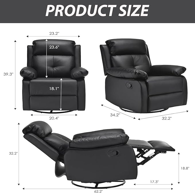 Swivel Rocker Recliner, 360 Swivel Small Recliners with 30 Degree, 90-150 Degree Angle, Faux Leather Lift Chair for Home Theater Seating, Adults, Living Room, Bedroom, Black