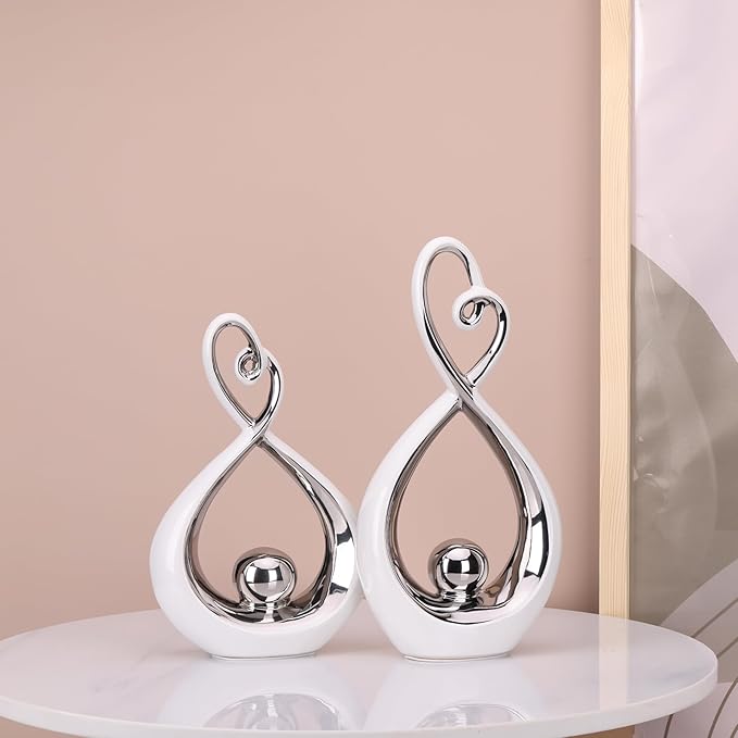 Silver Decor Accent, Porcelain Art Mid Century Modern Silver and Gold Decorations, Dining Table Objects, Abstract Ceramic Statue Sculpture - for Bookshelf Tv Stand Centerpiece Centro De Mesa