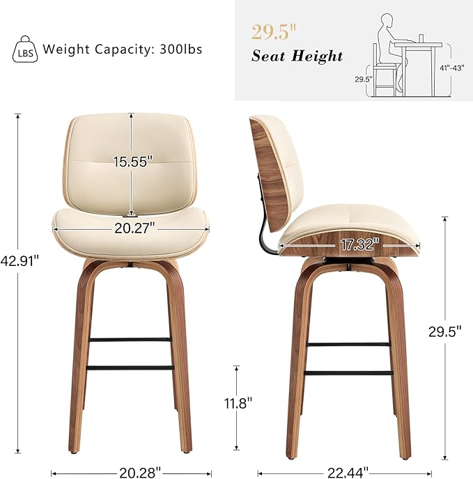Mid Century Modern Bar Stools Set of 2, 29.5'' Bar Height Swivel Stools with Bentwood Legs, Faux Leather Upholstered Bar Chairs with Footrest for Kitchen Island & Countertops,Beige