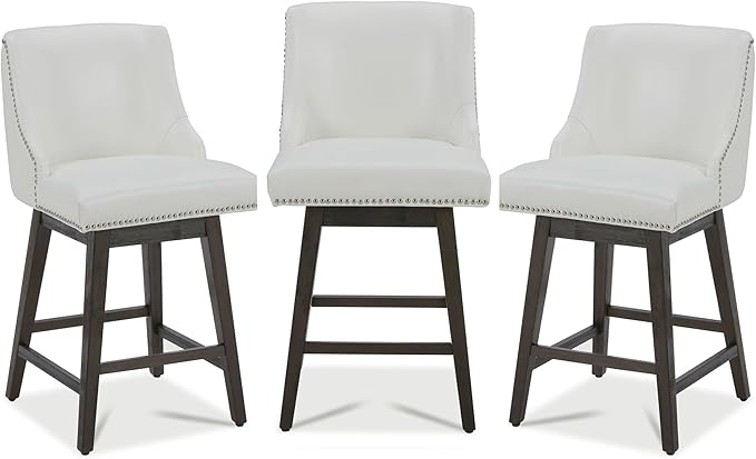 CHITA Counter Height Swivel Bar Stools Set of 3, FSC Certified Upholstered Counter Stools, Modern Swivel Barstools with Wood Legs for Kitchen Island, 26" Seat Height, Faux Leather in White