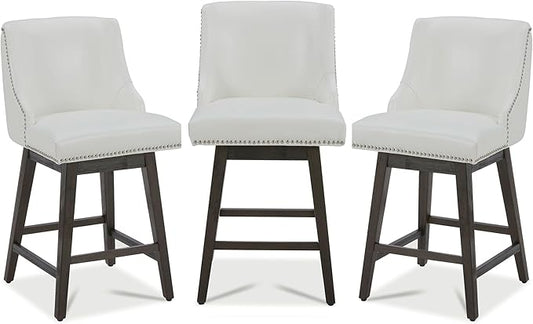 CHITA Counter Height Swivel Bar Stools Set of 3, FSC Certified Upholstered Counter Stools, Modern Swivel Barstools with Wood Legs for Kitchen Island, 26" Seat Height, Faux Leather in White