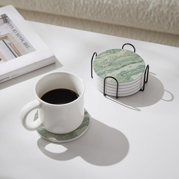 Set of 6 Sage Green Abstract Onyx Marble Coasters with Holder, Absorbent Ceramic Drink Coasters for Table Protection, Coffee Table Decor