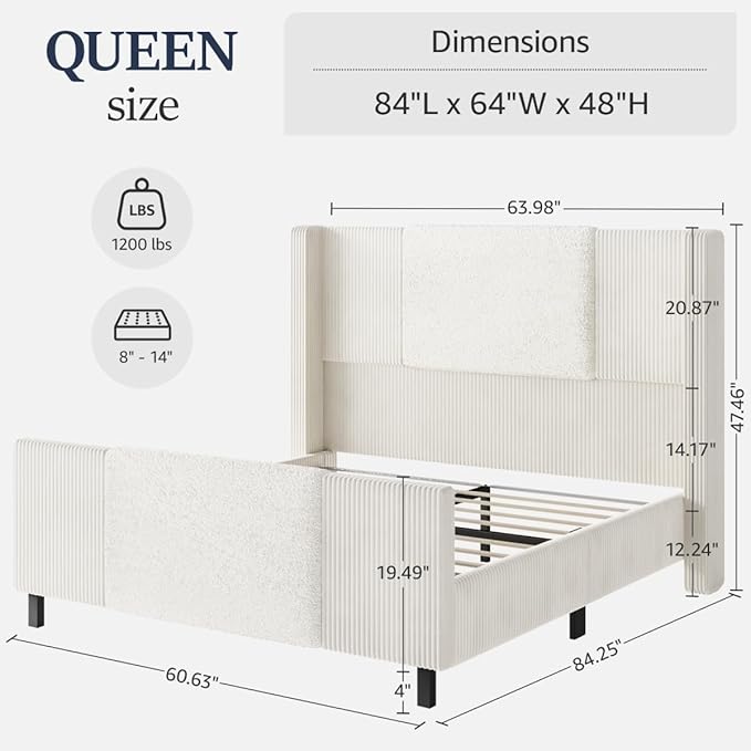 Queen Size Bed Frame with Tall Headboard and Footboard, Boucle and Corduroy Upholstered Bed Frame Queen with LED Lights, Modern Platform Bed Frames, Noiseless, Easy Assembly, Beige