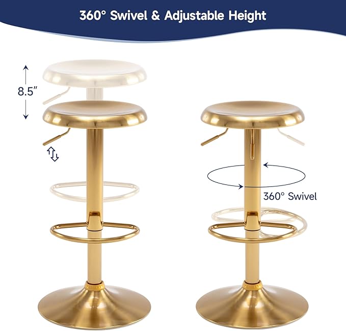 Brage Living Bar Stools Set of 2, Adjustable Height Swivel Bar Stools, Metal Airlift Barstools, Backless Counter Height Bar Chairs for Kitchen Dining Room Pub Cafe (Gold)