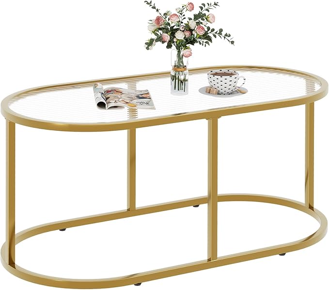 Coffee Table Gold Glass Coffee Table for Living Room, Oval Table Center Table with Ribbed Glass Top and Sturdy Metal Frame,Modern Glass Accent Tables for Bedroom Home Office