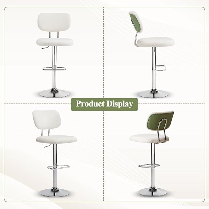 Furniliving Adjustable Bar Stools Set of 4, Modern Teddy Velvet Swivel Barstools with Curved Back, Stylish Armless Counter Height Bar Stools Bar Chairs for Kitchen Island, Bar, Green