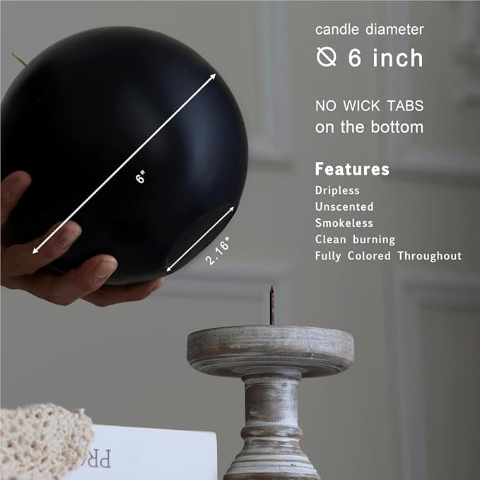 MOZEAL Hand-Poured, 6 Inch Black Large Round Ball Candles - Elegant Black Round Pillar Candles, Dripless, Unscented, Smokeless, Ideal for Halloween Decor.