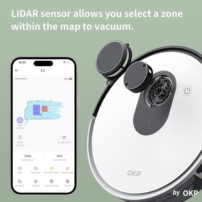 OKP Lidar Robot Vacuum Cleaner, LiDAR Navigation, 4000Pa Suction, No-Go Zone, 200Mins Runtime, Smart Mapping Robotic Vacuum, Wi-Fi/App/Alexa Control, Ideal for Pet Hair, Hard Floor and Carpet