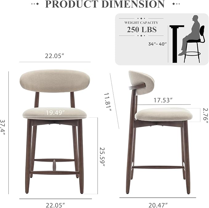 COLAMY Counter Height Bar Stools Set of 2, Kitchen Bar Stools with Back, Mid Century Modern Upholstered, with Wood Legs for Kitchen Island Dining Room, Beige