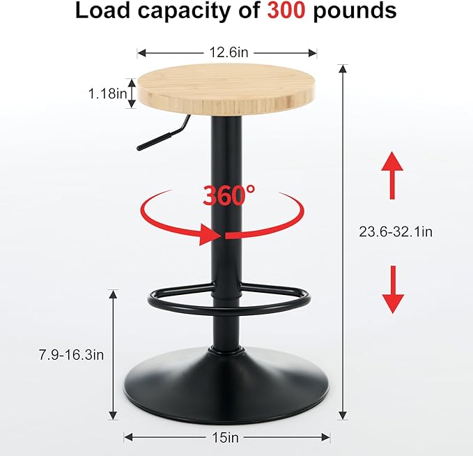 Bamboo Backless Bar Stools Set of 2, Swivel Bar Stools, Adjustable Bar Stools, Modern Bar Stools with Hard Seat, Backless Counter Height Barstools for Kitchen Island, Cafe, Dining Room, Black