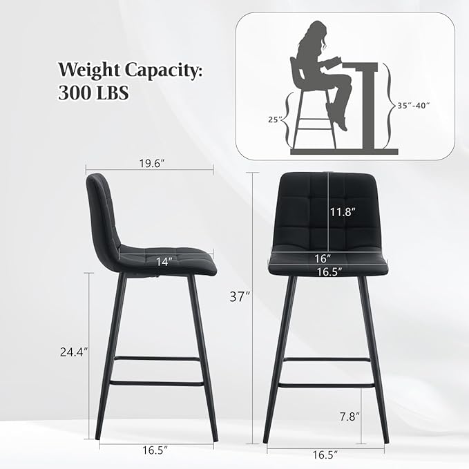 Black Barstools Set of 2, 24.4" Counter Height Bar Stools with Back & Metal Footrest, Modern Island Chairs Set of 2 for Kitchens Island Home Bar